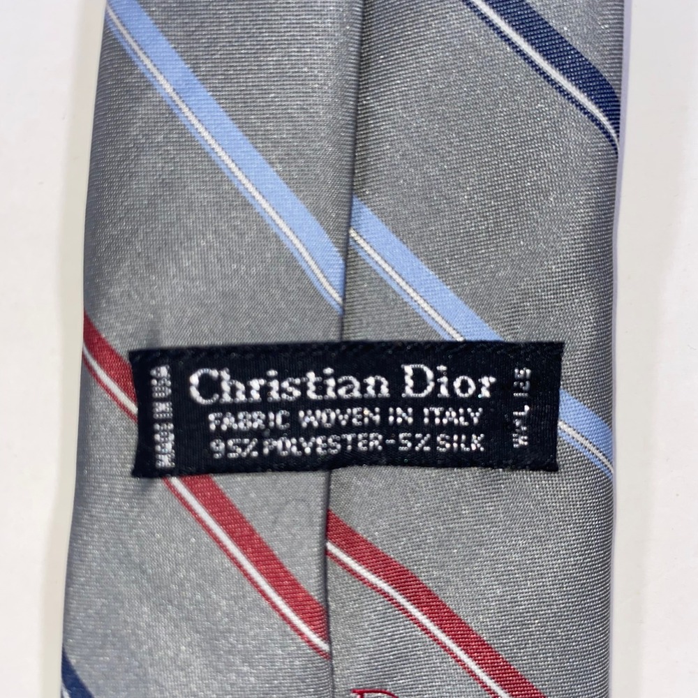 Christian‎ Dior Monsieur Mens Striped Tie Grey Blue Red Silk Blend Made in USA - Picture 3 of 5
